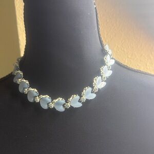 Vintage BSK Blue Heart‎ and rhinestones Necklace 16”